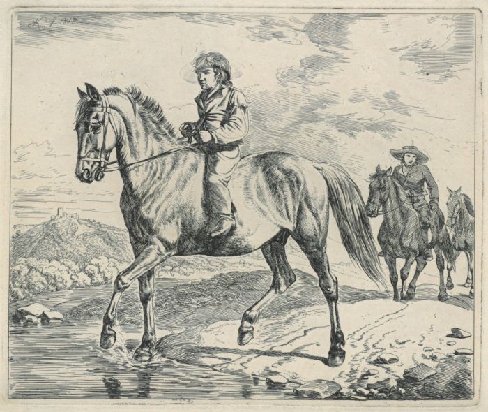 Johann Adam Klein 1792 1875 Der Ritt Nach Der Schwemme Ein Knabe Und Ein Bauer Reiten Ihre Pferde Nach Vorne Links In Eine Schwemme Der Bauer Fuhrt Ein Weiteres Pferd